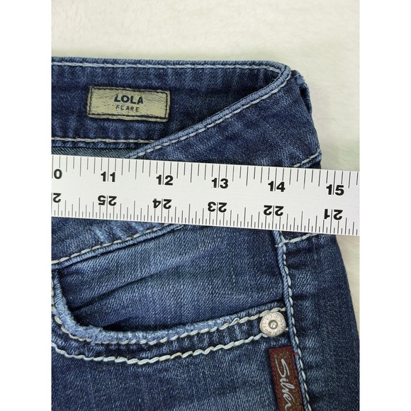 Silver Jeans Womens 28 Blue Dark Wash Low Rise Lola Flare Distressed Stretch - Picture 3 of 11